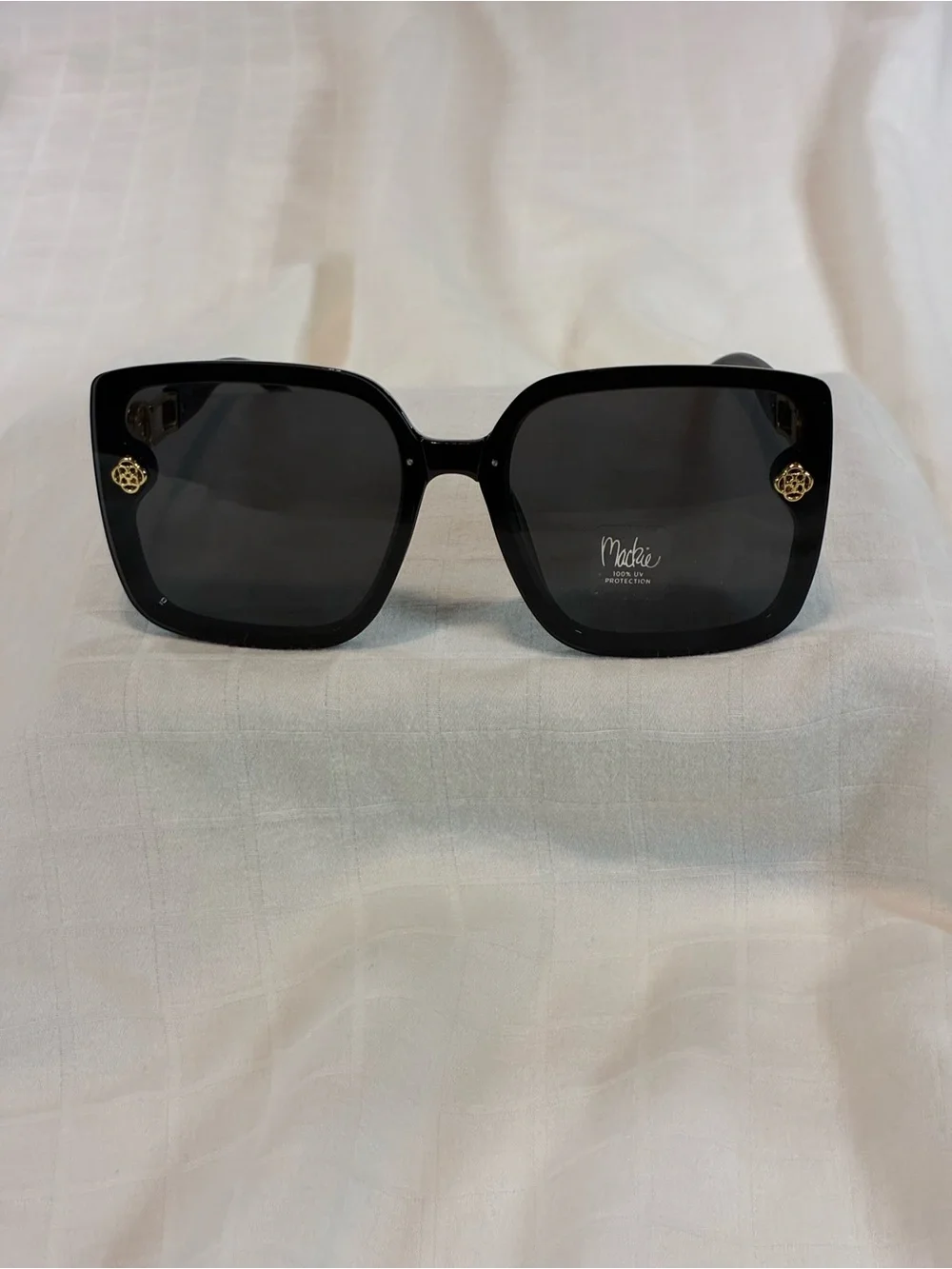 Makie Black Square Sunglasses with Gold Emblem Accents